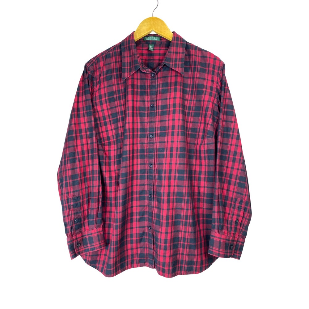 Lauren Ralph Lauren Red Black Plaid Button Down Shirt Womens 2X Cotton cabincore